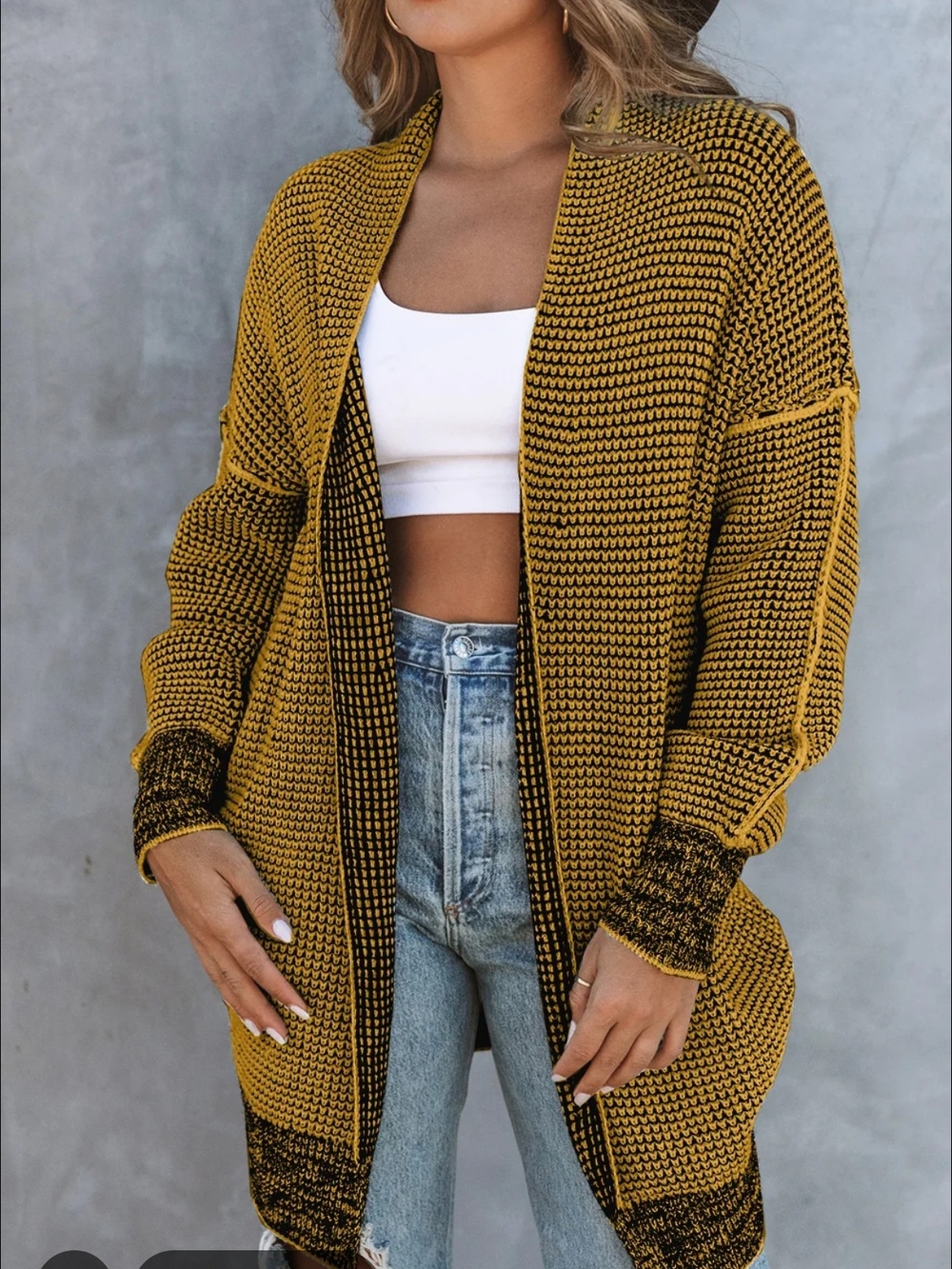 HannaBanna Women's Mustard Black Waffle Knit Longline Open Front Cardigan Size L